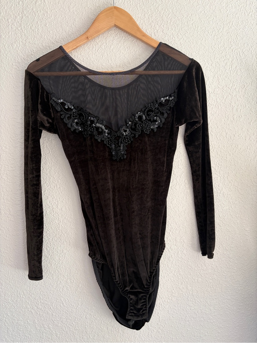 Vintage Black Velvet Long-Sleeve Sheer Yoke Bodysuit